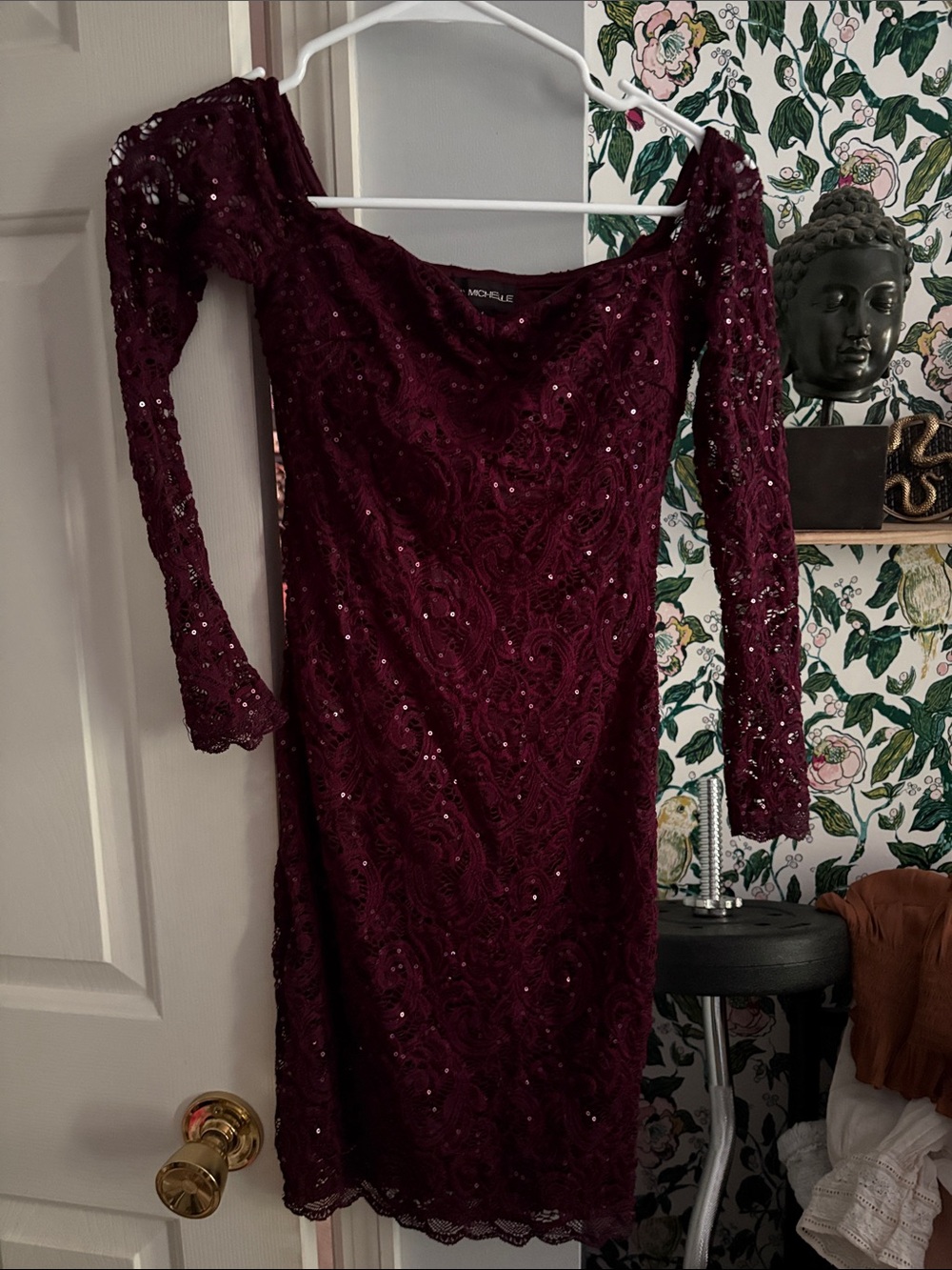 My Michele Lace Sequin Long-Sleeve Sheath Dress in Burgundy